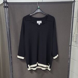 Black V-Neck Sweater with Ivory Stripe Trim